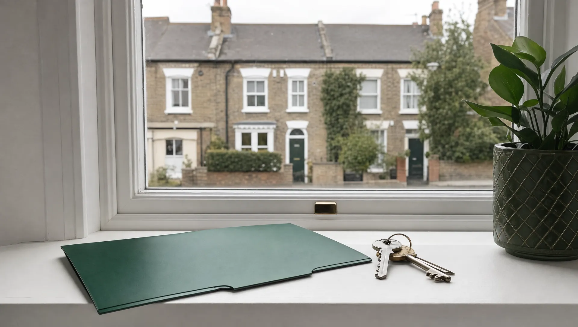 House keys and a blank folder rest on a windowsill overlooking an English terraced house ready for an immediate house sale.