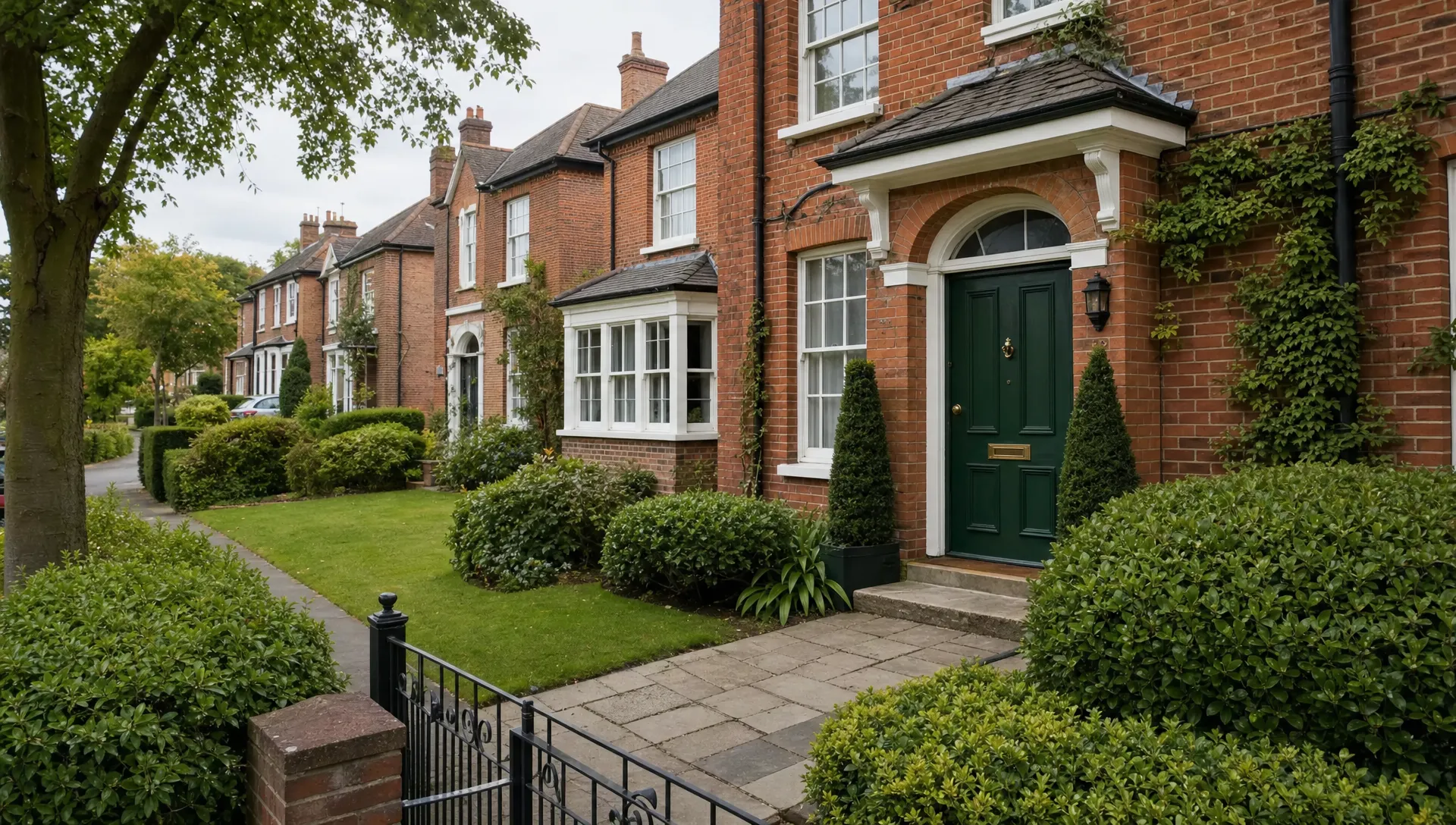 A red-brick English house with a tidy front garden and closed door, ready for home selling from abroad.