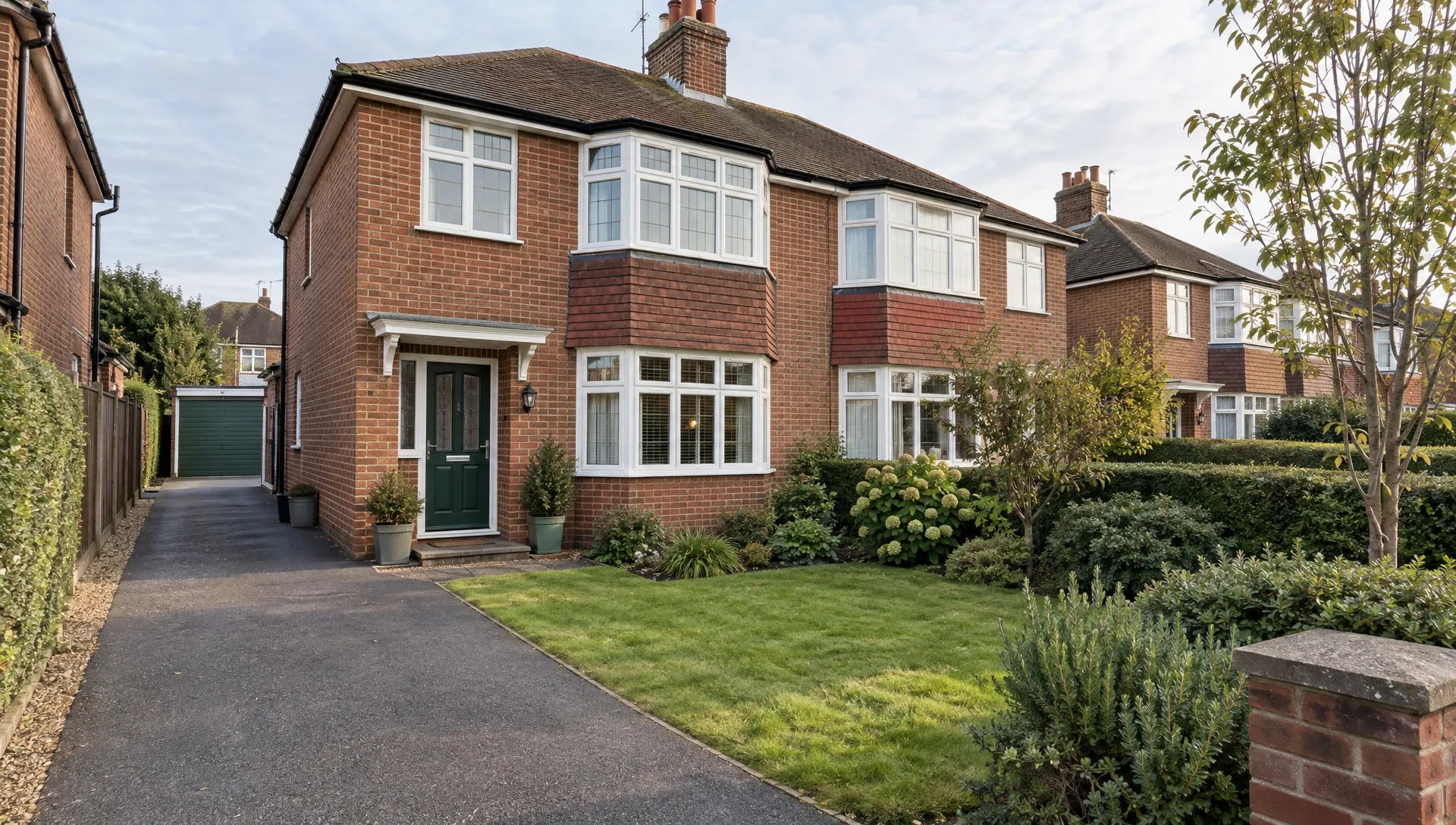 A red-brick semi-detached home in England viewed from its front garden, with a clear driveway and the roofline and neighbouring houses visible as the property is prepared for sale during divorce.