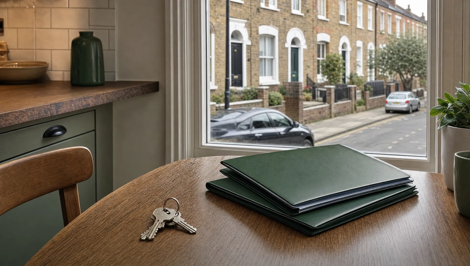 House keys and closed, unlabelled conveyancing folders sit on a kitchen table overlooking a UK terraced street, illustrating checks on property purchase companies.