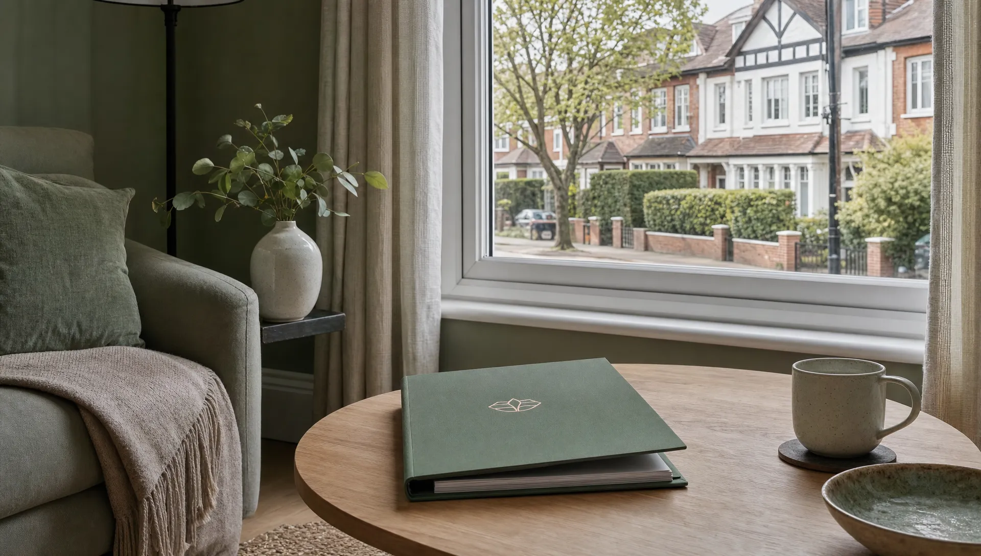 A quiet Ickenham street with period homes and tidy front gardens, seen from a calm living room with a folder on a table.