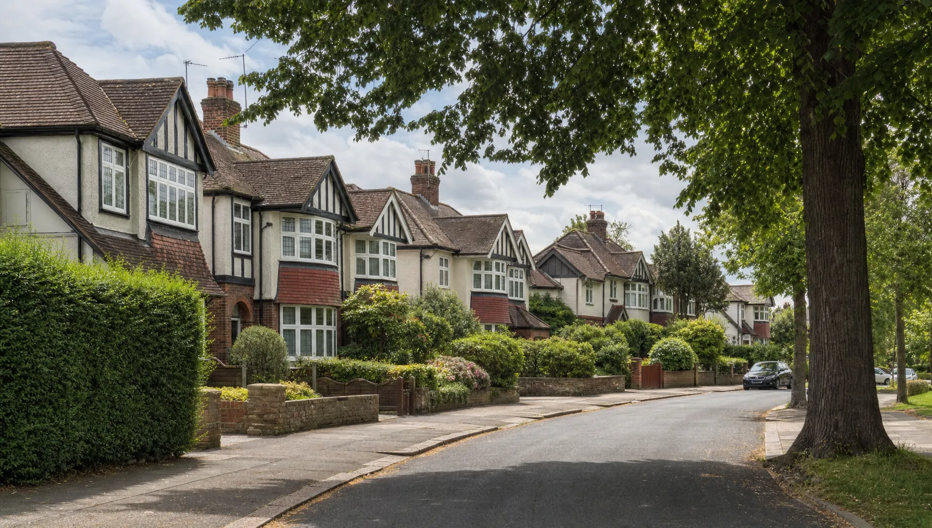 A quiet Ickenham street with 1930s semis, neat front gardens and mature trees near the houses.