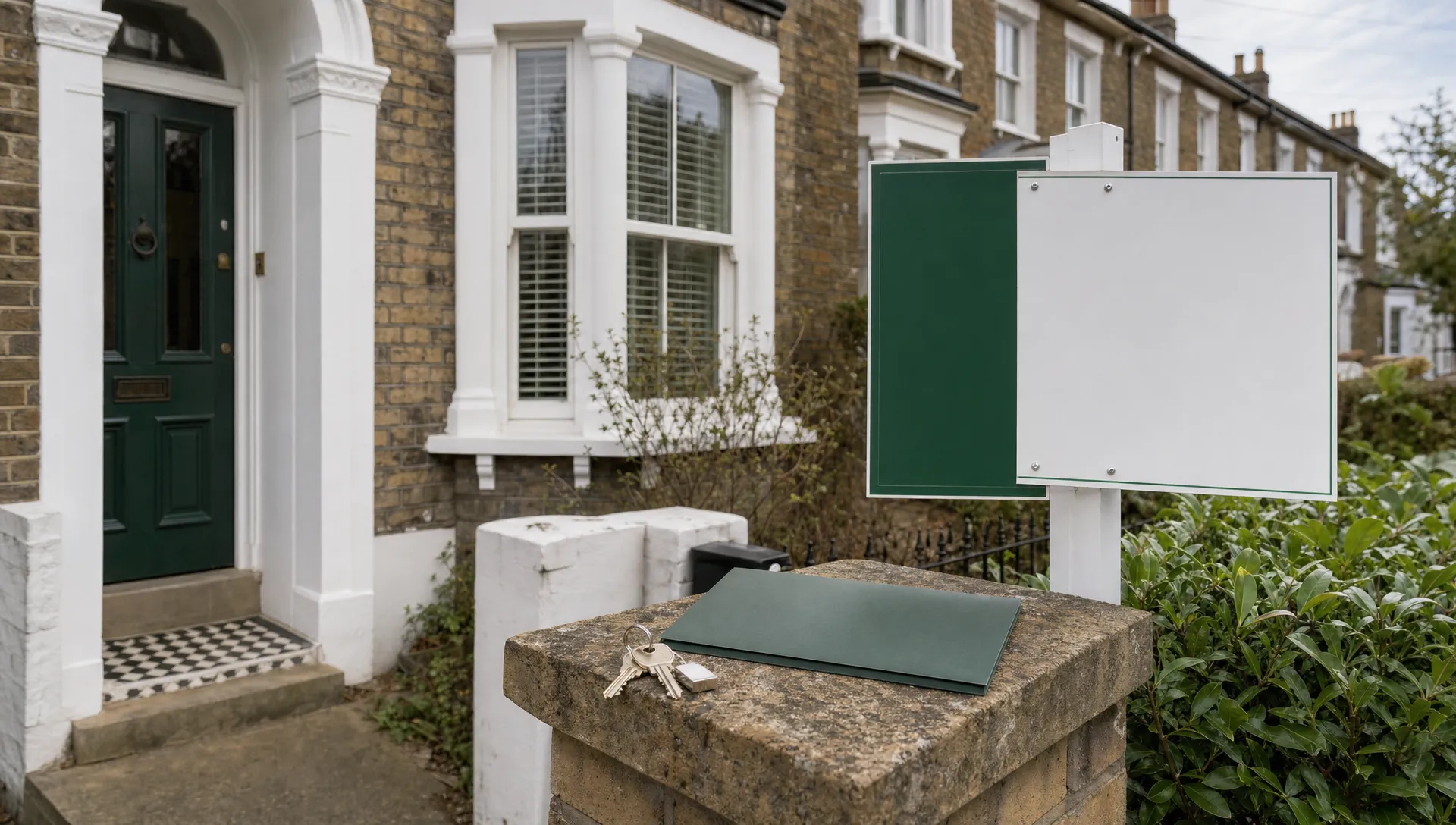 A quiet UK terraced house exterior with keys, a plain folder and a blank for sale sign, showing plans to sell home faster after a buyer pulls out.