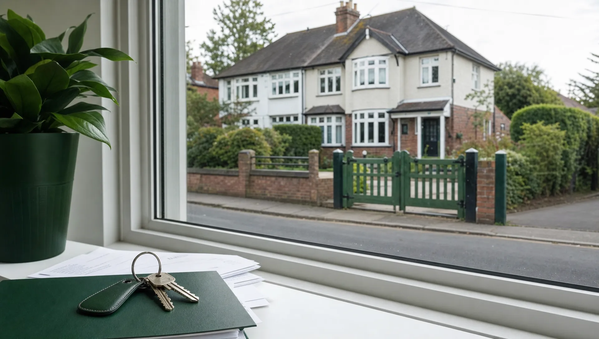 A quiet UK residential street shows a semi-detached house, a front gate and keys beside property paperwork on a windowsill.