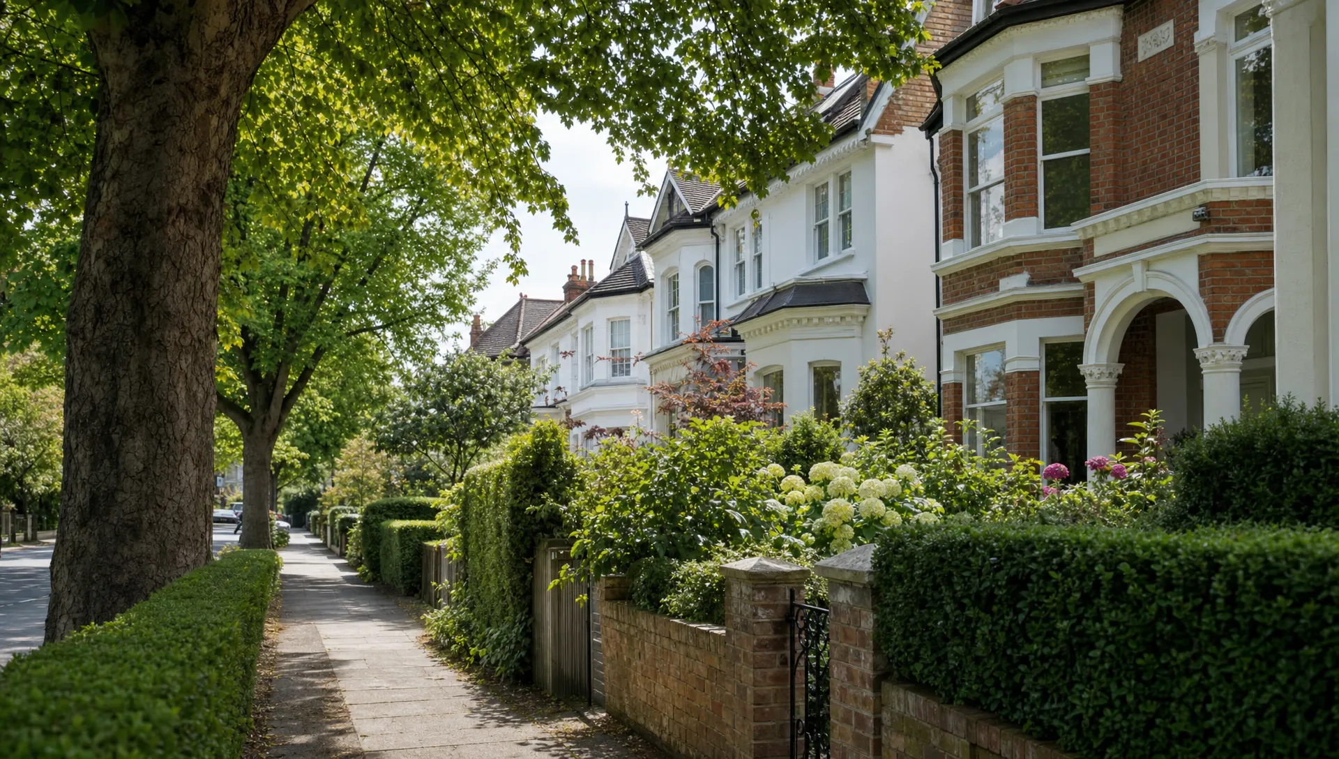 A quiet Ickenham street with period homes and front gardens shows the local setting for estate agent percentage decisions.