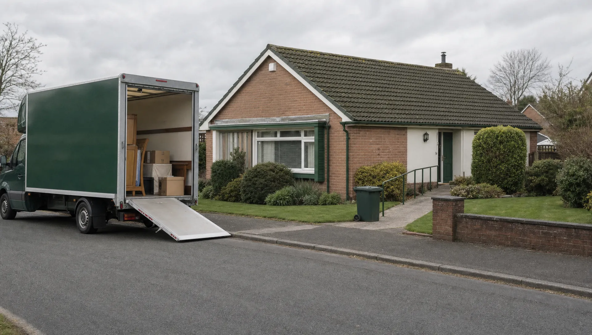 A single-storey brick bungalow with level access and a parked removal van on a quiet English street, showing a possible move after serious illness.