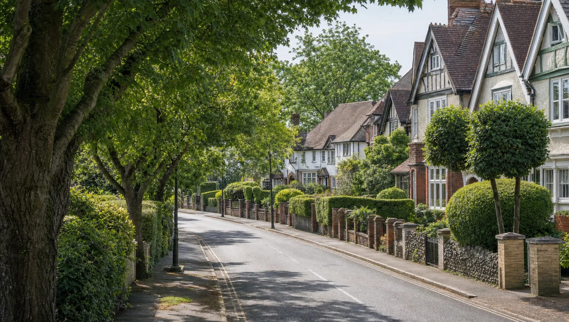 A West London village street in Ickenham with tree-lined pavements, period homes and clipped front gardens.