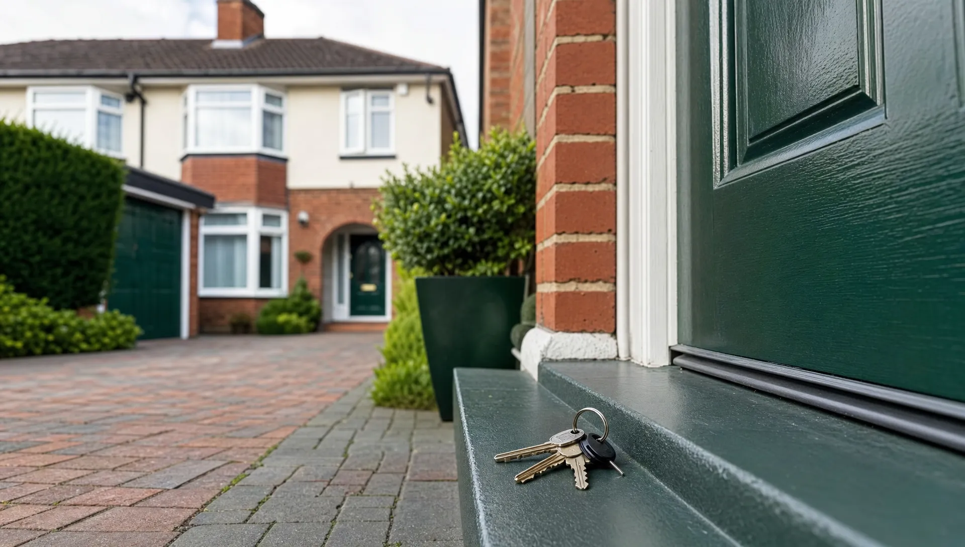 A UK suburban semi-detached house with a neat driveway and house keys on the doorstep.