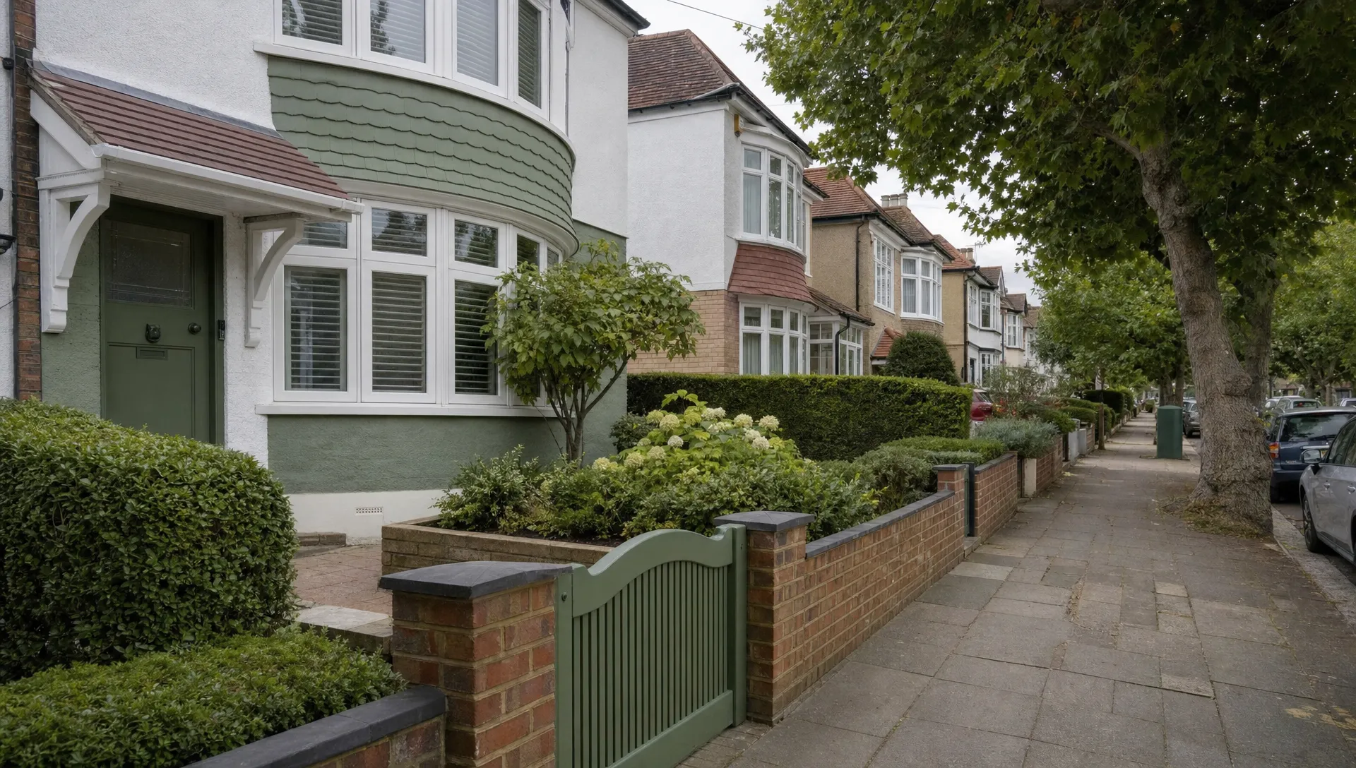 A tree-lined West London rental street with 1930s semis and tidy front gardens suggests a Hillingdon compliance review before tenancy.