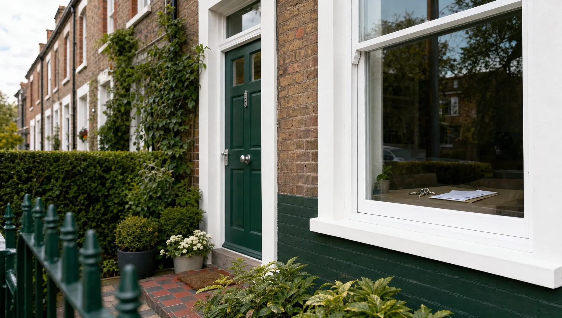 A UK terraced house with clean brickwork, a small front garden, keys and paperwork visible through the front window.