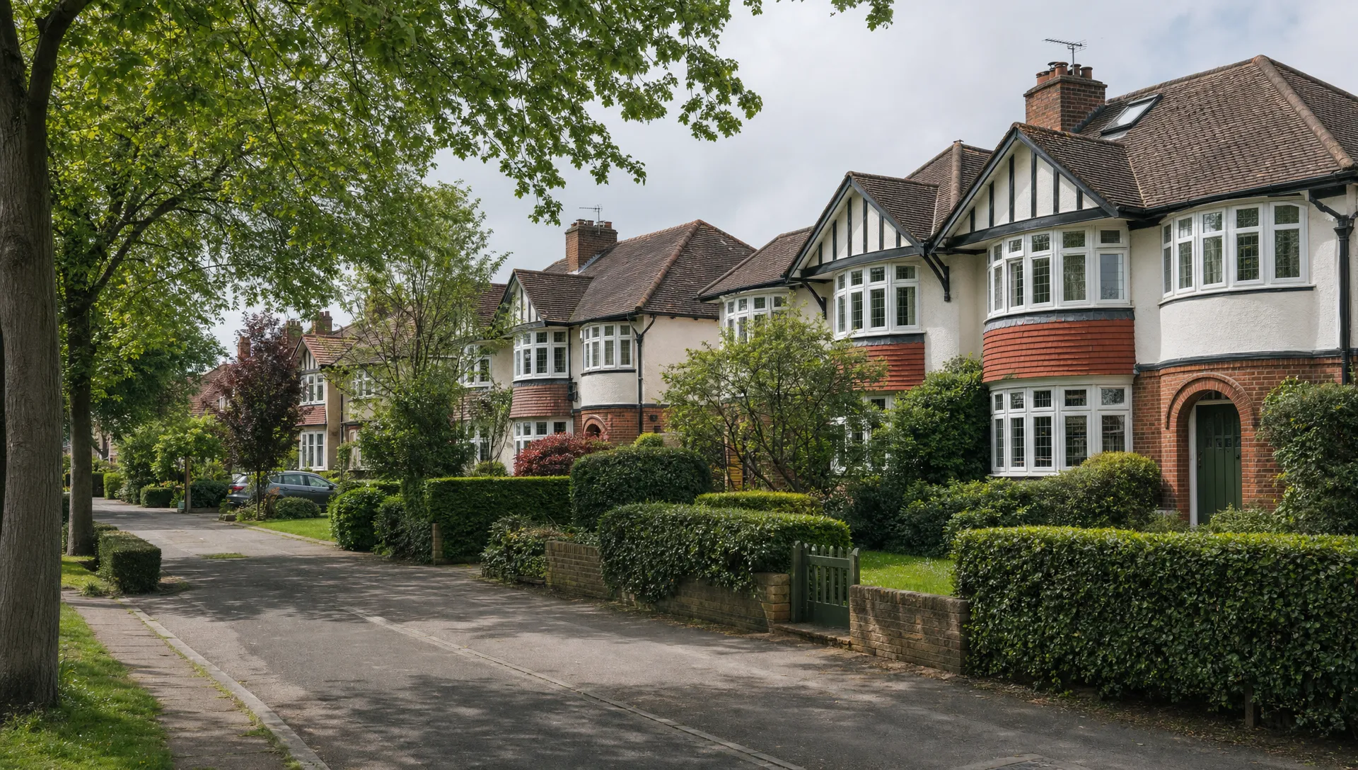 A quiet Ickenham residential road with 1930s semis and mature front gardens sets the scene for estate agents.