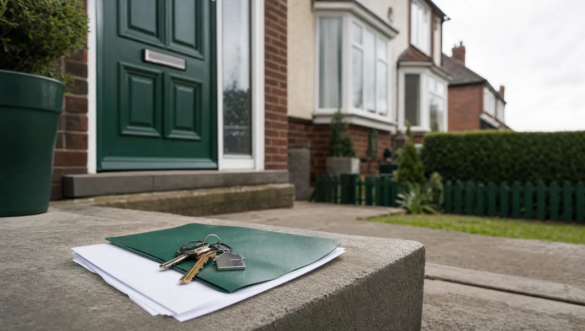 A UK semi-detached house exterior with keys and property papers on the doorstep, showing a fast cash property check.
