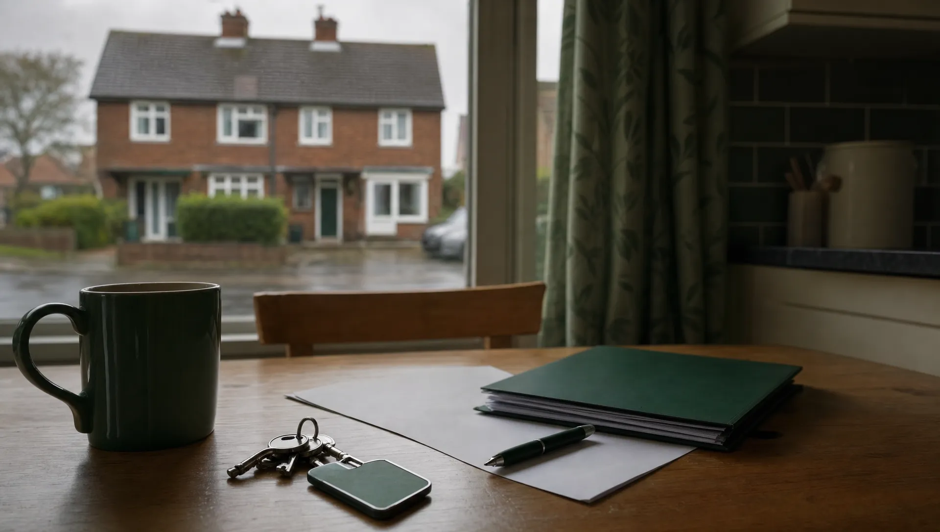 A quiet UK semi-detached house with house keys, blank paperwork and a folder on a kitchen table after a bereavement.